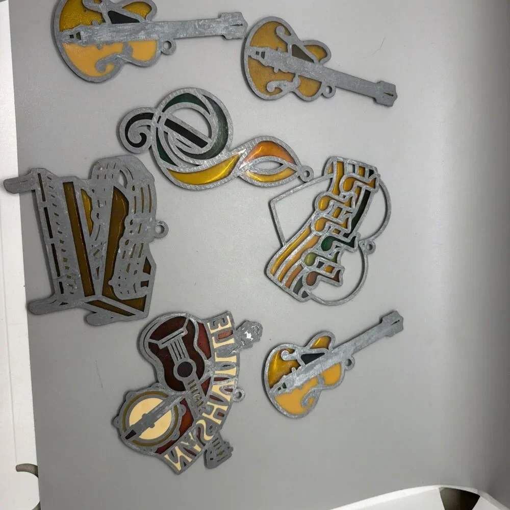Vtg Nashville Guitar &music Suncatcher Ornaments Lot of 7 Stained Glass 70s 80s